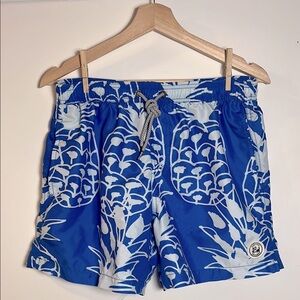 Surfcuz Men’s Blue & White Topical Pattern Swim Trunk Bathing Suit Shorts